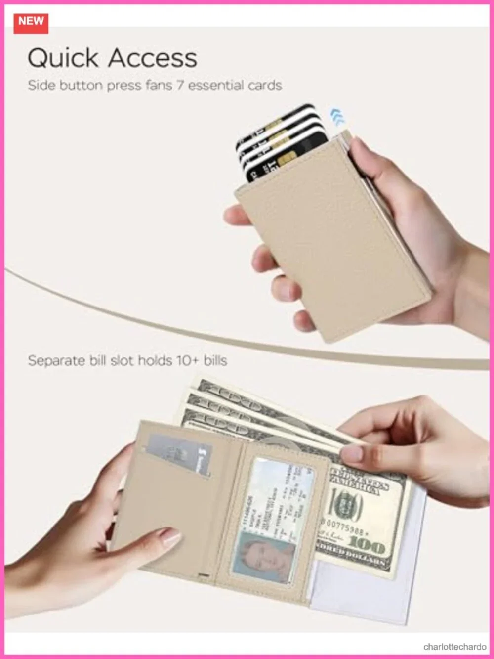 RFID Blocking Trifold Wallet with Pop Up Card Holder, Leather & Aluminum, Holds